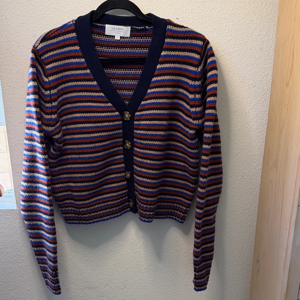 La Ligne Striped V-Neck Button cardigan - Navy, Rust & Blue, XL, NOWT